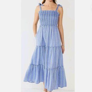 DRAPER JAMES L CHAMBRAY BLUE EMBROIDERED TIERED MAXI BOW STRAP SMOCK DRESS TRAD